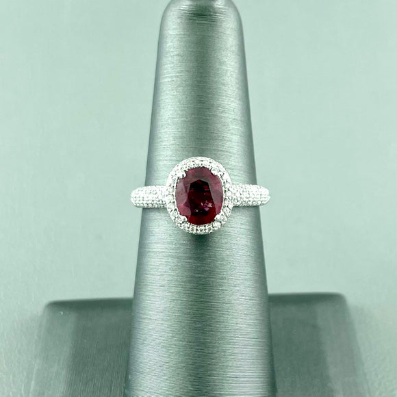 14k White Gold Ruby Halo Diamond Ring