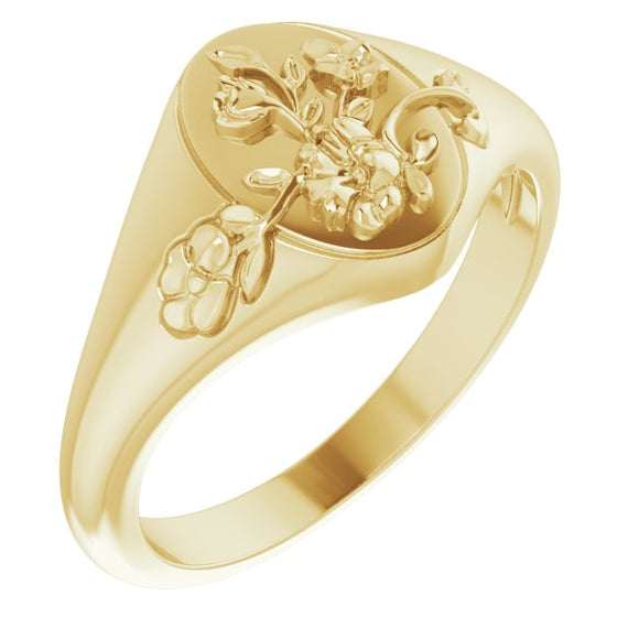 14K Yellow Gold Oval Floral Signet Ring