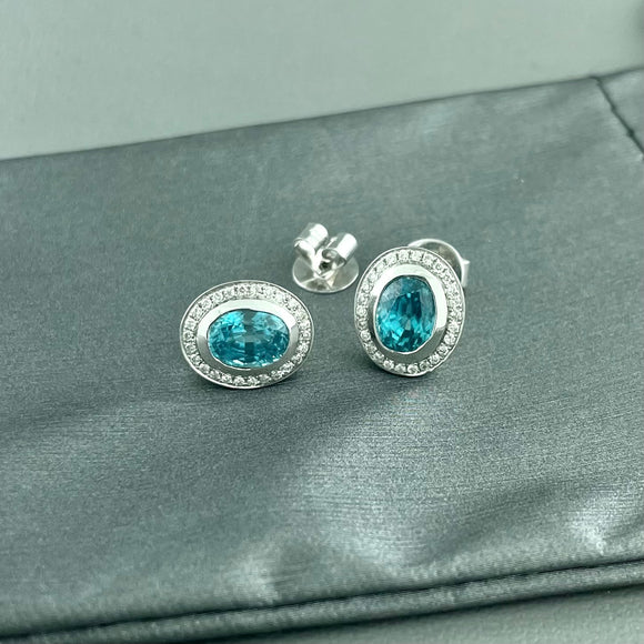 14kw Blue Zircon & Diamond Earrings